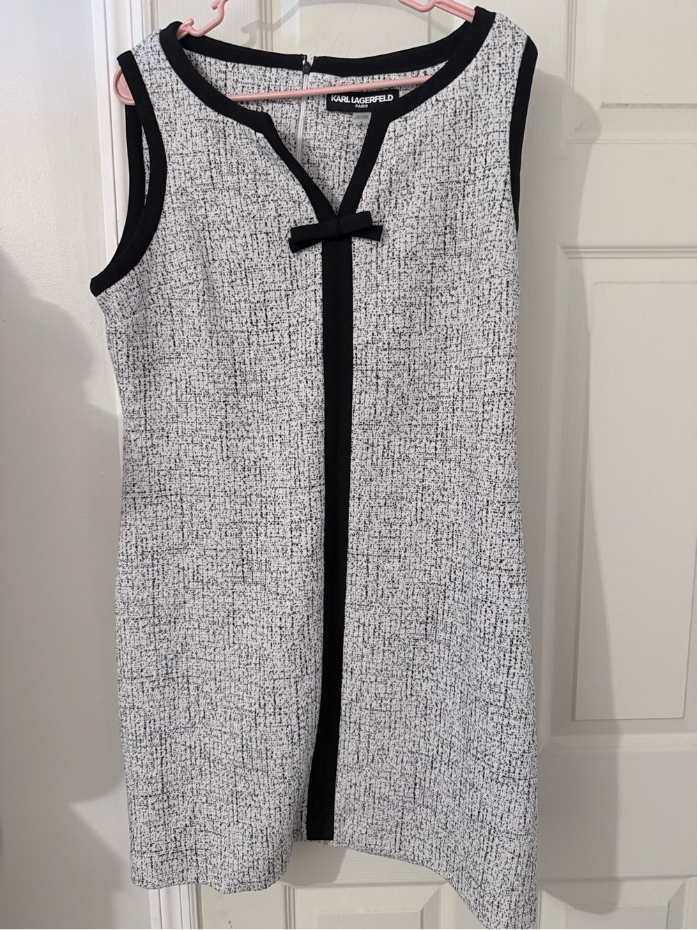 Karl Lagerfeld Textured Black-Trim White Shift Dress with Front Bow